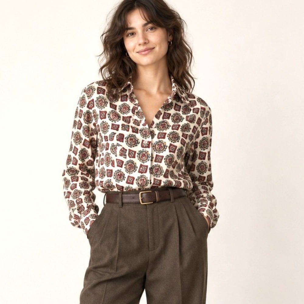 VTG 90s Leslie Fay Haberdashery Geometric Blouse Button Down 10 Dark Academia